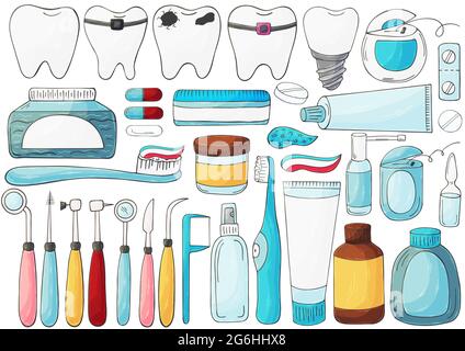 Set di elementi per la cura della cavità orale con disegno a mano. Pulizia dei denti, igiene dentale, strumenti dentali. Filo interdentale, pasta Illustrazione Vettoriale