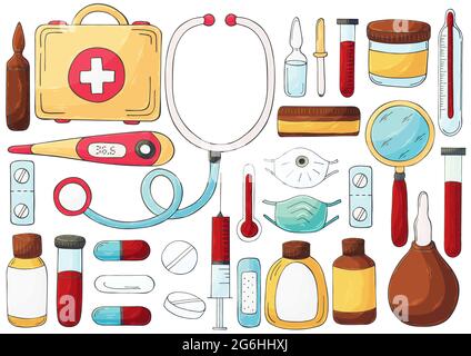 Raccolta di illustrazioni vettoriali. Set di strumenti medici in stile disegno a mano. Ambulanza strumenti medici, caso medico, farmaci, stetoscopio, maschere Illustrazione Vettoriale