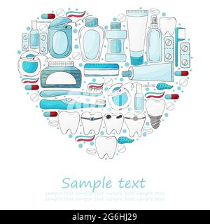 Insieme di elementi di disegno, testo. Set di elementi per la cura della cavità orale con disegno a mano. Pulizia dei denti, salute dentale. Denti, filo interdentale, b Illustrazione Vettoriale