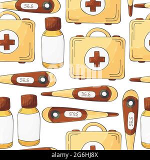 Motivo senza cuciture su sfondo bianco. Strumenti medici cartoni animati in stile di disegno a mano. Caso medico, termometro, farmaci Illustrazione Vettoriale