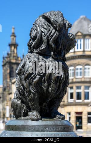 Statua di Greyfriars Bobby, il terrier Skye che si ritiene fosse la guardia sopra la sua tomba del padrone per 14 anni, Candlemakers Row, Edimburgo, Scozia Foto Stock