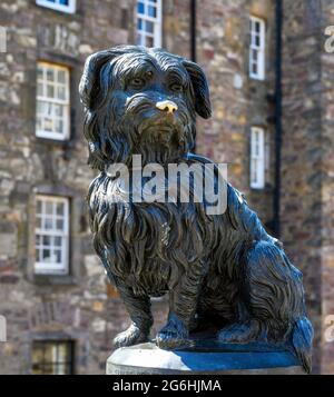 Statua di Greyfriars Bobby, il terrier Skye che si ritiene fosse la guardia sopra la sua tomba del padrone per 14 anni, Candlemakers Row, Edimburgo, Scozia Foto Stock