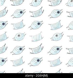 Ripetizione senza giunture. Maschere cartoon in stile disegno a mano. Maschere mediche, respiratori. Background pubblicitario anti-virus Illustrazione Vettoriale