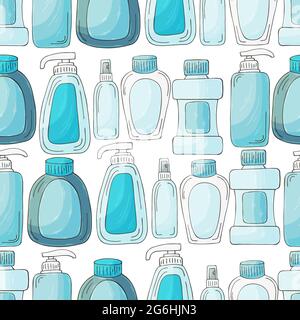 Ripetizione senza giunture. Set di elementi da bagno disegnati a mano su sfondo bianco. Raccolta di lattine, provette. Antisettico, dentifricio Illustrazione Vettoriale