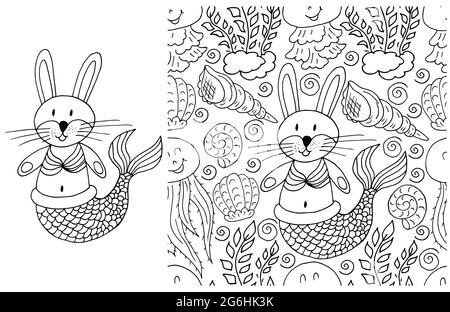 Set di elementi con contorno e motivo senza cuciture. Ideale per l'abbigliamento per bambini. Sirena di coniglio e sfondo con conchiglie Illustrazione Vettoriale