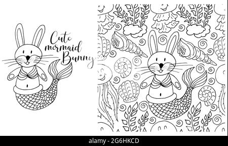 Set di elementi con contorno e motivo senza cuciture. Ideale per l'abbigliamento per bambini. Sirena di coniglio e sfondo con conchiglie ed elementi marini Illustrazione Vettoriale