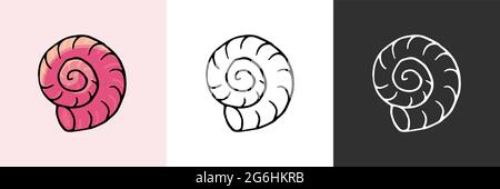 Set di icone. Guscio girevole. Icona del tema marino in stile disegno a mano. Simpatico illustrazione infantile della vita marina. Icona, badge, adesivo, stampa per abiti Illustrazione Vettoriale
