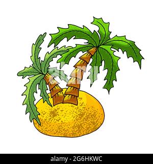 Isola con palme. Icona del tema marino in stile disegno a mano. Simpatico illustrazione infantile della vita marina. Icona, badge, adesivo, stampa per abiti Illustrazione Vettoriale