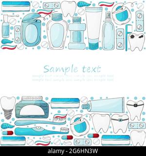 Cornice rettangolare, testo. Set di elementi per la cura della cavità orale con disegno a mano. Pulizia dei denti, salute dentale. Denti, filo interdentale, pennello, pasta Illustrazione Vettoriale
