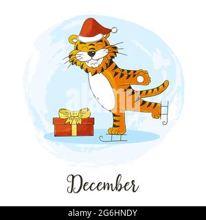 Simbolo dell'anno 2022 per la decorazione del calendario. Dicembre 2022. Nuovo anno della Tigre secondo il calendario cinese o orientale. Simpatica illustrazione vettoriale Illustrazione Vettoriale