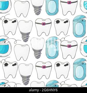 Motivo senza cuciture su sfondo bianco. I denti dei cartoni animati disegnano a mano stile. Sfondo per l'imballaggio, la pubblicità. Denti sani, carie, bretelle, dentali Illustrazione Vettoriale