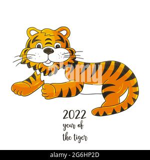 Simbolo di 2022. Illustrazione con tigre in stile di disegno a mano. Nuovo anno 2022 Tiger mentire. Animaletto cartoon per calendari, poster Illustrazione Vettoriale