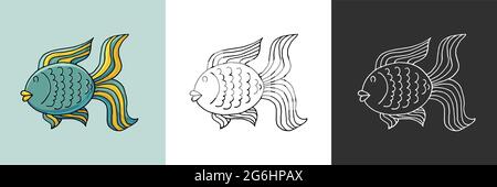 Set di icone. Bel pesce. Icona del tema marino in stile disegno a mano. Simpatico illustrazione infantile della vita marina. Icona, badge, adesivo, stampa per abiti Illustrazione Vettoriale