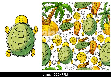 Set di elementi e motivo senza cuciture. Ideale per l'abbigliamento per bambini. Tartaruga e sfondo con elementi marini. Belle illustrazioni Illustrazione Vettoriale