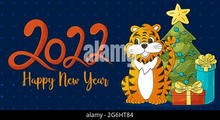 Simbolo di 2022. Caratteri 2022. Biglietto d'auguri vettoriale scuro con una tigre in stile disegno a mano. Anno nuovo. Illustrazione cartoon per schede, calendari Illustrazione Vettoriale