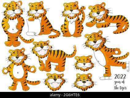 Set di tigri con disegno a mano. Simbolo di 2022. Facce delle tigri. Anno nuovo 2022. Illustrazioni della collezione Illustrazione Vettoriale
