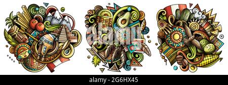 Peru cartoon vettore doodle disegni set. Composizioni colorate e dettagliate con molti oggetti e simboli peruviani. Isolato su illustrazioni bianche Illustrazione Vettoriale