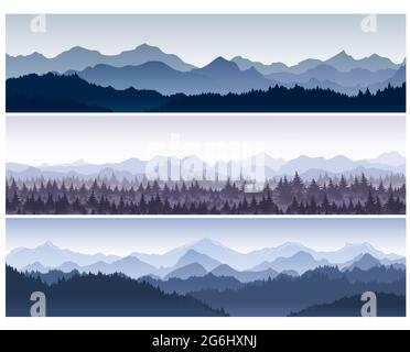 Illustrazione vettoriale insieme di sfondi orizzontali con montagne natura selvaggia con foresta in nebbia mattutina. Illustrazione Vettoriale