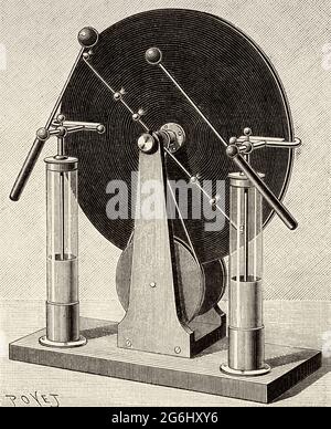La macchina di influenza Wimshurst è un generatore elettrostatico, una macchina per generare alte tensioni sviluppata tra il 1880 e il 1883 dall'inventore britannico James Wimshurst (1832–1903). Ha un aspetto distintivo con due grandi dischi controrotanti montati su un piano verticale, due barre incrociate con spazzole metalliche, e uno spinterometro formato da due sfere metalliche. Antica illustrazione del XIX secolo incisa da la Nature 1893 Foto Stock