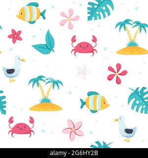 Andamento del mare estivo. Carino pesce, gabbiano, granchio, palme. Elementi di cartoni animati piatti disegnati a mano. Illustrazione vettoriale Illustrazione Vettoriale