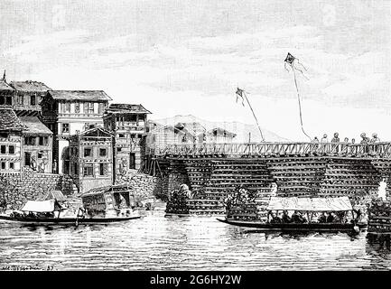 Ponte Srinagar sul fiume Jhelum. Jammu e Kashmir, India. Antica illustrazione del XIX secolo incisa da la Nature 1888 Foto Stock