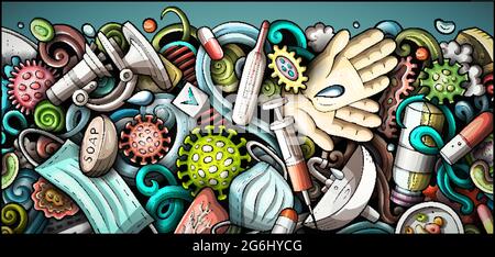 Banner con doodle disegnato a mano da coronavirus. Opuscolo dettagliato su Cartoon Vector. Illustrazione con oggetti e simboli pandemici. Sfondo orizzontale colorato Illustrazione Vettoriale