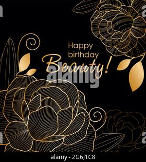 Immagine vettoriale di bellissimi fiori di linea dorata su sfondo nero del biglietto d'auguri. Design floreale astratto con texture dorata. Illustrazione Vettoriale