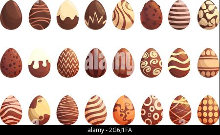 Le icone delle uova di cioccolato impostano il vettore cartoon. Caramella di Pasqua. Uova di cioccolato decorate Illustrazione Vettoriale