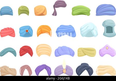 Le icone arabe dei turbanti impostano il vettore dei cartoni animati. Cappello arabo. Accessori orientali Illustrazione Vettoriale