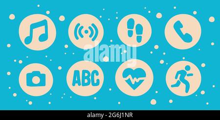 Icone disegnate a mano di orologi intelligenti. Serie vettoriale di immagini piatte. Musica, contapassi, fotocamera, frequenza cardiaca, telefono. Illustrazione Vettoriale