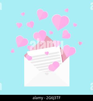 Illustrazione vettoriale colorata della lettera d'amore, cuore rosa fluttuante fuori dalla busta, biglietto di auguri per San Valentino, matrimonio in stile piatto. Illustrazione Vettoriale