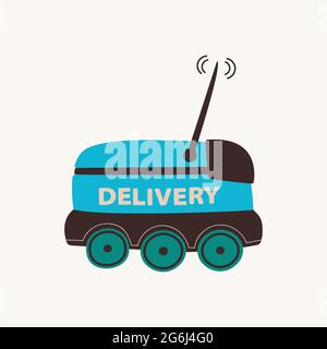 Robot di consegna Servizio di consegna senza equipaggio su ruote. Bot intelligente per il trasporto di alimenti e merci. Elemento isolato di cartoni animati vettoriali per la progettazione. Illustrazione Vettoriale