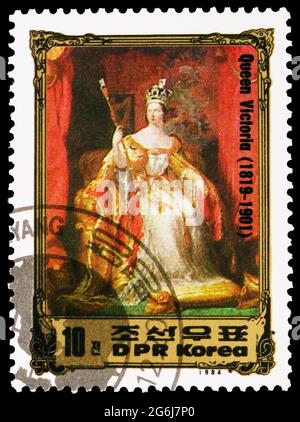 MOSCA, RUSSIA - 21 MARZO 2020: Francobollo stampato in Corea mostra Regina Vittoria d'Inghilterra 1819-1901, Ritratti della serie europea Rulers, circa 1 Foto Stock