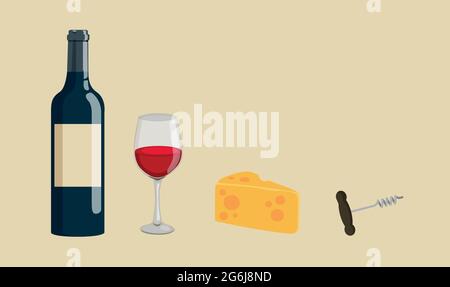 Bottiglia, bicchiere di vino e cavatappi. Vettore stock Illustrazione Vettoriale
