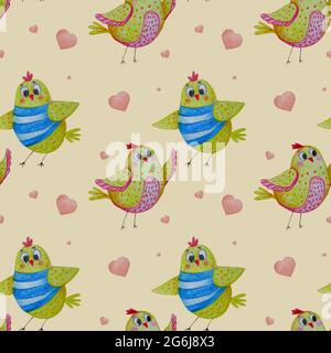 Modelli senza giunture con polli. Un paio di carini uccelli gialli un ragazzo in un gilet a righe e un pollo ragazza su uno sfondo giallo con cuori Foto Stock