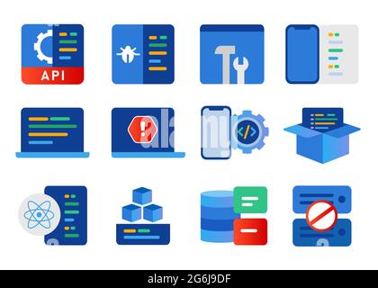 Sviluppo software interfaccia di programmazione API moderna React MicroServices package container compilare codice smartphone server-less Illustrazione Vettoriale