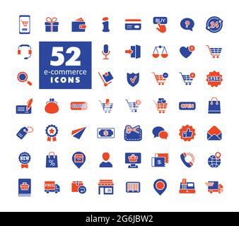 E-commerce Imposta vettore glyph icone shopping e online. Simbolo grafico per il design del sito Web, il logo, l'app, l'interfaccia utente Illustrazione Vettoriale
