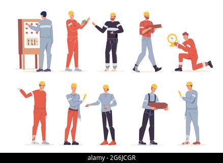 Set di caratteri per i lavoratori industriali a fumetti piatti, concetto di illustrazione vettoriale per la produzione di gas e petrolio Illustrazione Vettoriale