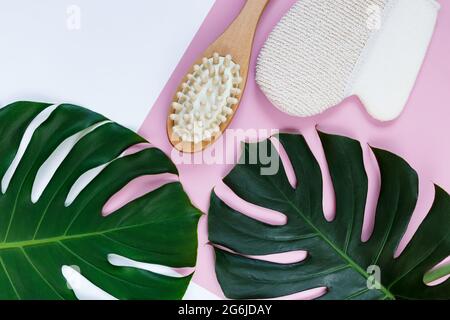 Fondo cosmetico Spa con spazzola da massaggio, foglie verdi di palma monstera. Corpo, viso, cura della pelle, concetto anticellulite. Foto Stock