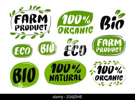Icona di cibo naturale e biologico. Set di adesivi, etichette, etichette. Simbolo eco, bio con foglie Illustrazione Vettoriale