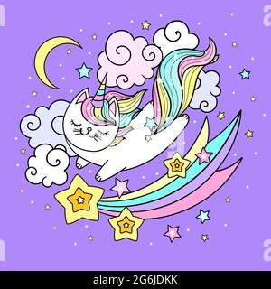 Carino gatto unicorn sta volando attraverso il cielo. Illustrazione piatta vettoriale per bambini. Illustrazione Vettoriale