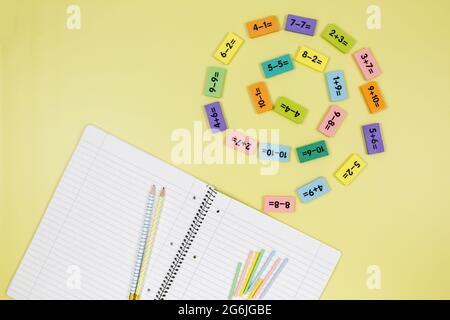 Apri notebook, matite ed esempi matematici su sfondo giallo. Torna a scuola, divertente imparare a contare per i bambini. Foto Stock