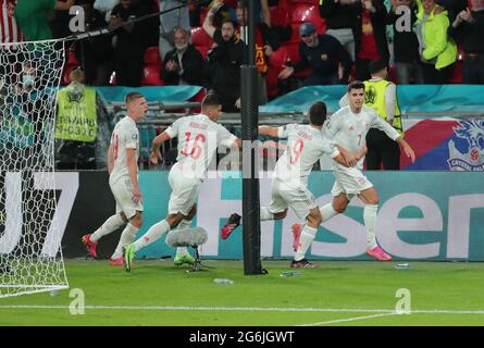 RODRI, GERARD MORENO, ALVARO MORATA CELEBRA L'EQUALIZZATORE, ITALIA V SPAGNA, 2021 Foto Stock