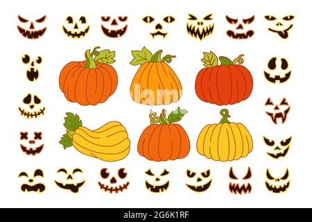 Set di cartoni animati intagliati linea viso Halloween Pumpkin. Crespy grin, maschera sorridente, zucche con sorriso, simbolo vacanza felice Halloween. Muso carino o divertente. Spaventoso diavoli occhi e sorridi vettore isolato Illustrazione Vettoriale