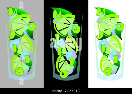 logo del cocktail astratto mojito con calce, ghiaccio e foglie 2 Illustrazione Vettoriale