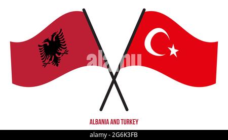 Albania e Turchia Bandiere incrociate e ondeggianti stile piatto. Proporzione ufficiale. Colori corretti. Illustrazione Vettoriale