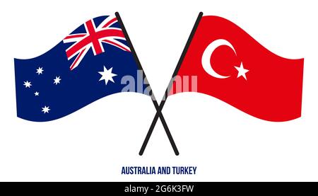 Australia e Turchia Bandiere incrociate e ondulate stile piatto. Proporzione ufficiale. Colori corretti. Illustrazione Vettoriale