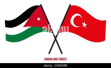 Jordan e Turkey Flags Crossed and Waving Flat Style. Proporzione ufficiale. Colori corretti. Illustrazione Vettoriale