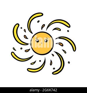 Sole carino con occhi e sorriso. Giallo sole sorridente faccia in stile doodle. Immagine vettoriale in bianco e nero isolata su sfondo bianco Illustrazione Vettoriale
