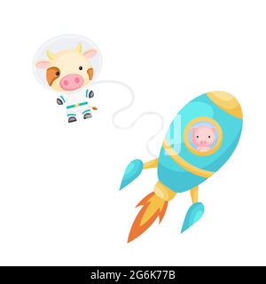 Carino maiale che vola in razzo aqua. Personaggio di vacca fumettistica in costume spaziale con razzo su sfondo bianco. Design per baby doccia, biglietto di invito Illustrazione Vettoriale